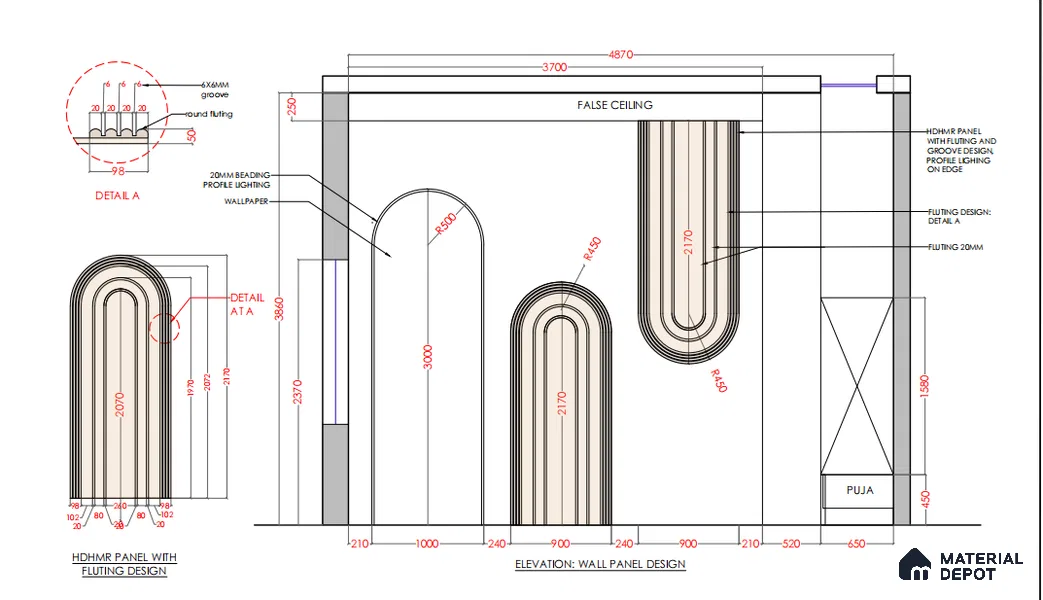 Forest Arch Groove Wall 7.11 ft x 2.95 ftHDHMR Panel - 17 mm (It consists 6 panels (3 front and 3 back panels) among those wallpaper panel size is 9.8 ft length and 3.2 Width)