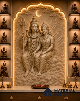 Elegant Shiva Parvati Pooja Room Wall 6 ft x 4 ft CNC Made HDHMR Panel - 50 mm