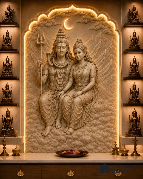 Elegant Shiva Parvati Pooja Room Wall 6 ft x 4 ft CNC Made HDHMR Panel - 50 mm