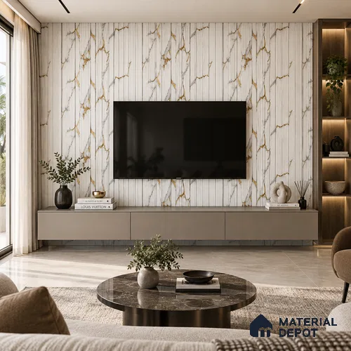 PN 06955 Marble Look Louver1 8 ft x 0.83 ft Texture Finish  - 10 mm | Suitable for Feature Wall, TV Unit & Living Room