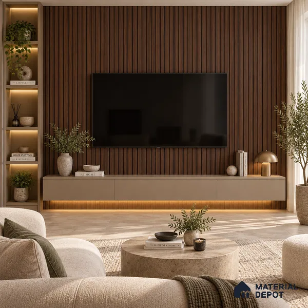 PN 07670 Wood Look Louver 9.5 ft x 0.83 ft Texture Finish - 10 mm | Suitable for Feature Wall, TV Unit & Living Room