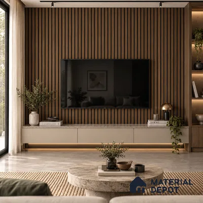 PN 07652 Wood Look Louver 8 ft x 0.83 ft Texture Finish  - 10 mm | Suitable for Feature Wall, TV Unit & Living Room