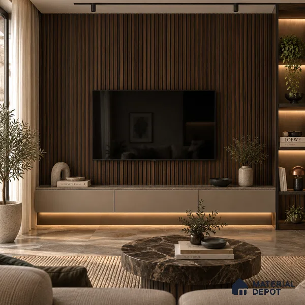 PN 07654 Wood Look Louver 8 ft x 0.83 ft Texture Finish - 10 mm | Suitable for Feature Wall, TV Unit & Living Room