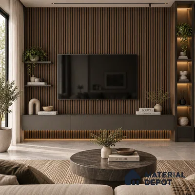 PN 07675 Wood Look Louver 9.5 ft x 0.83 ft Texture Finish  - 10 mm | Suitable for Feature Wall, TV Unit & Living Room