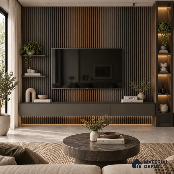 PN 07675 Wood Look Louver 9.5 ft x 0.83 ft Texture Finish  - 10 mm | Suitable for Feature Wall, TV Unit & Living Room