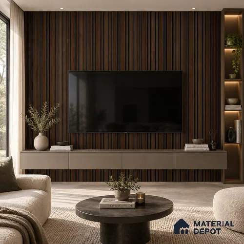 PN 07665 Wood Look Louver 8 ft x 0.83 ft Texture Finish - 10 mm | Suitable for Feature Wall, TV Unit & Living Room