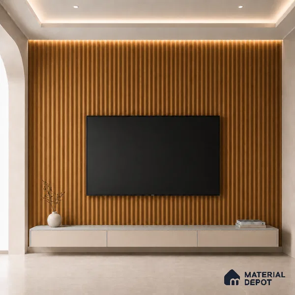 Oak Wood Ocre 10 ft x 0.45 ft (3060x140 mm) Pyramid Design Interior & Exterior Wall & Ceiling Panel - 14 mm | Suitable for Balcony, Facade & Open Area | Width is Subjected to 5% Variation