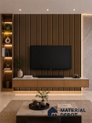 Oak Wood Ocre 10 ft x 0.7 ft (3060x215 mm) Dome Dual Black Design Interior & Exterior Wall & Ceiling Panel - 20 mm | Suitable for Balcony, Facade & Open Area | Width is Subjected to 5% Variation