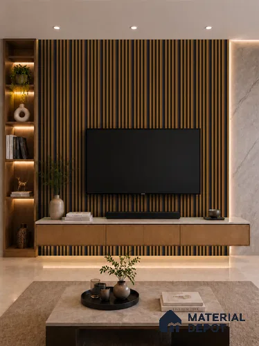 Oak Wood Ocre 10 ft x 0.7 ft (3060x215 mm) Dome Dual Black Design Interior & Exterior Wall & Ceiling Panel - 20 mm | Suitable for Balcony, Facade & Open Area | Width is Subjected to 5% Variation