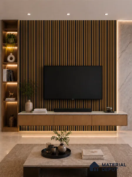 Oak Wood Ocre 10 ft x 0.7 ft (3060x215 mm) Dome Dual Black Design Interior & Exterior Wall & Ceiling Panel - 20 mm | Suitable for Balcony, Facade & Open Area | Width is Subjected to 5% Variation