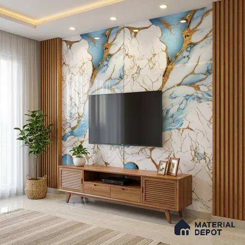 White Marble Look LM 20109 8 ft x 4 ft Glossy Finish Decorative Laminate - 1 mm | Suitable for TV Unit, Wardrobe, Kitchen Cabinets