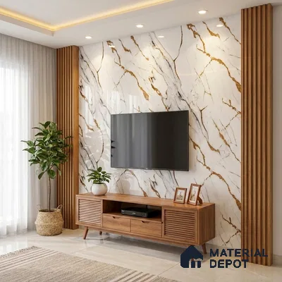 White Marble Look LM 20113 8 ft x 4 ft Glossy Finish Decorative Laminate - 1 mm | Suitable for TV Unit, Wardrobe, Kitchen Cabinets
