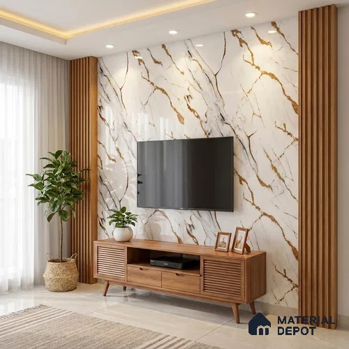 White Marble Look LM 20113 8 ft x 4 ft Glossy Finish Decorative Laminate - 1 mm | Suitable for TV Unit, Wardrobe, Kitchen Cabinets