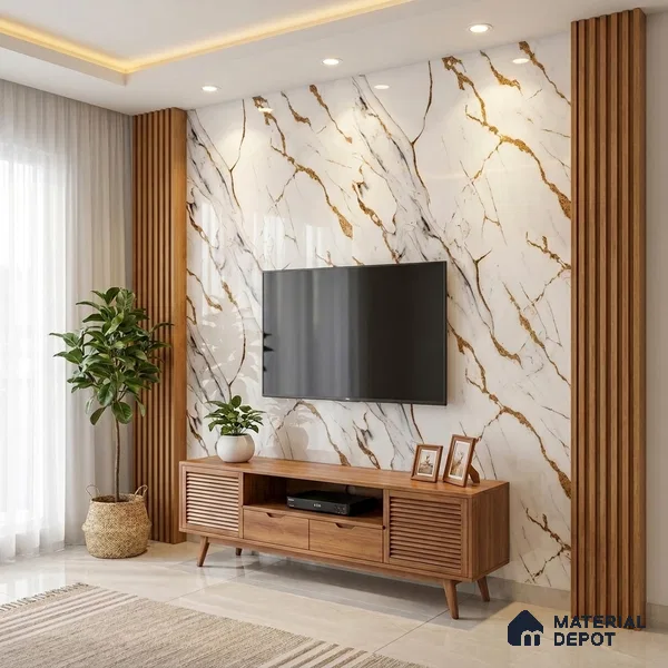 White Marble Look LM 20113 8 ft x 4 ft Glossy Finish Decorative Laminate - 1 mm | Suitable for TV Unit, Wardrobe, Kitchen Cabinets