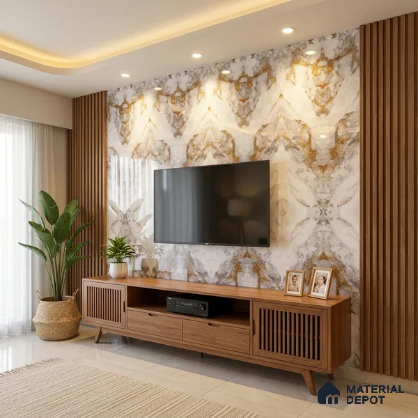 White Marble Look LM 20130 8 ft x 4 ft Glossy Finish Decorative Laminate - 1 mm | Suitable for TV Unit, Wardrobe, Kitchen Cabinets