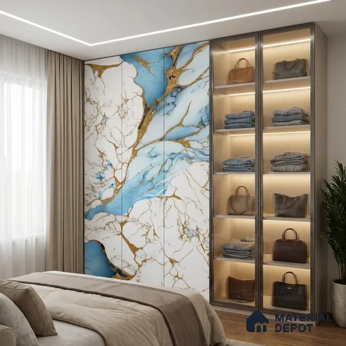 White Marble Look LM 20109 8 ft x 4 ft Glossy Finish Decorative Laminate - 1 mm | Suitable for TV Unit, Wardrobe, Kitchen Cabinets