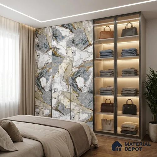 Grey Marble Look LM 20111 8 ft x 4 ft Glossy Finish Decorative Laminate - 1 mm | Suitable for TV Unit, Wardrobe, Kitchen Cabinets