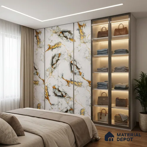 White Marble look LM 20112 8 ft x 4 ft Glossy Finish Decorative Laminate - 1 mm | Suitable for Bedroom, TV Unit, Wardrobe, Kitchen Cabinet