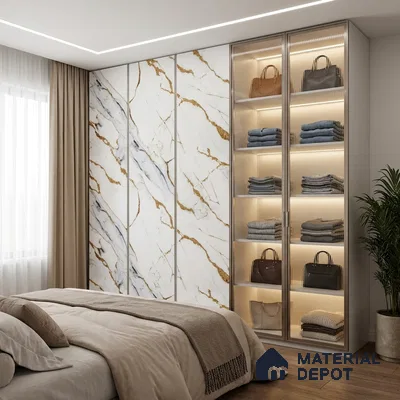 White Marble Look LM 20113 8 ft x 4 ft Glossy Finish Decorative Laminate - 1 mm | Suitable for TV Unit, Wardrobe, Kitchen Cabinets