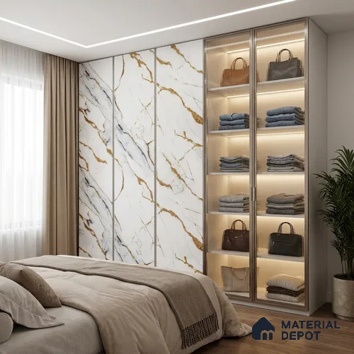 White Marble Look LM 20113 8 ft x 4 ft Glossy Finish Decorative Laminate - 1 mm | Suitable for TV Unit, Wardrobe, Kitchen Cabinets