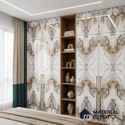 White Marble Look LM 20130 8 ft x 4 ft Glossy Finish Decorative Laminate - 1 mm | Suitable for TV Unit, Wardrobe, Kitchen Cabinets