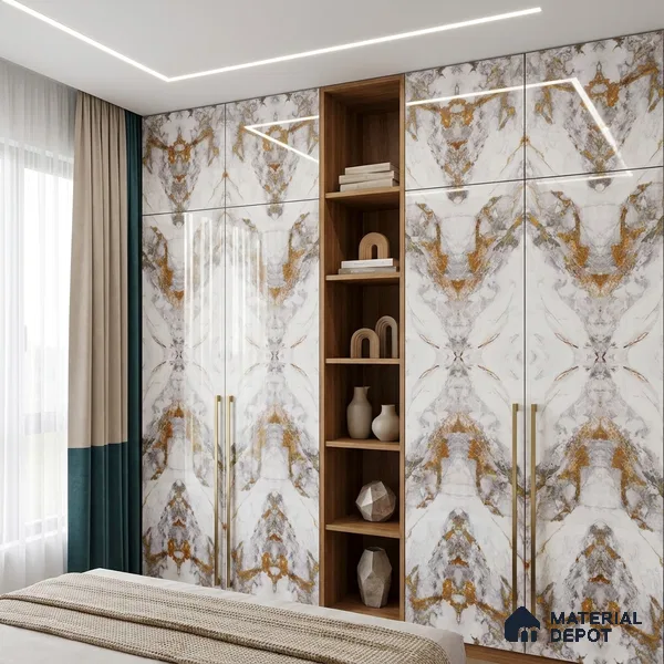 White Marble Look LM 20130 8 ft x 4 ft Glossy Finish Decorative Laminate - 1 mm | Suitable for TV Unit, Wardrobe, Kitchen Cabinets