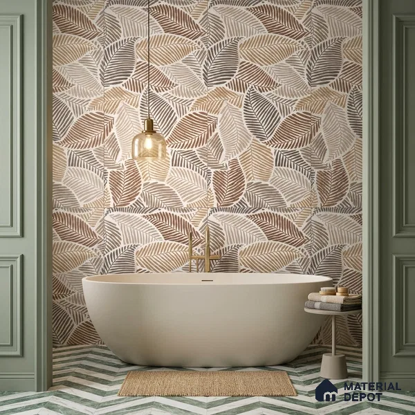 Tropical Wall Tile TL 10939 Nestos Leaf Decore 4 ft x 2 ft Silk Matte Finish Vitrified Tile - 9 mm | Suitable for Bathroom, Accent/Feature Wall, Dining Area