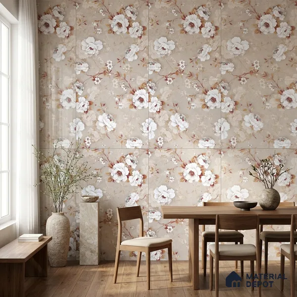 Floral Wall Tile TL 12463 B 4 ft x 2 ft Vitrified Glossy Finish Tile - 9 mm | Suitable for Bathroom, Accent/Feature Wall, Dining Area