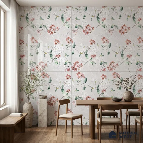 Floral Wall Tile TL 12465 B  4 ft x 2 ft Vitrified Glossy Finish Tile - 9 mm | Suitable for Bathroom, Accent/Feature Wall, Dining Area