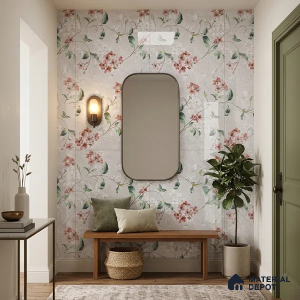 Floral Wall Tile TL 12465 B  4 ft x 2 ft Vitrified Glossy Finish Tile - 9 mm | Suitable for Bathroom, Accent/Feature Wall, Dining Area