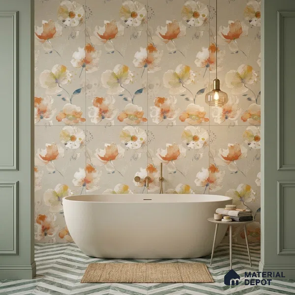 Floral Wall Tile TL 12241 Oriana Waterpaint Decore 4 ft x 2 ft Double Digital Finish Vitrified Tile - 9 mm | 2 Random Designs | Suitable for Bathroom, Accent/Feature Wall, Dining Area