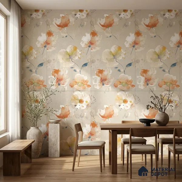 Floral Wall Tile TL 12241 Oriana Waterpaint Decore 4 ft x 2 ft Double Digital Finish Vitrified Tile - 9 mm | 2 Random Designs | Suitable for Bathroom, Accent/Feature Wall, Dining Area