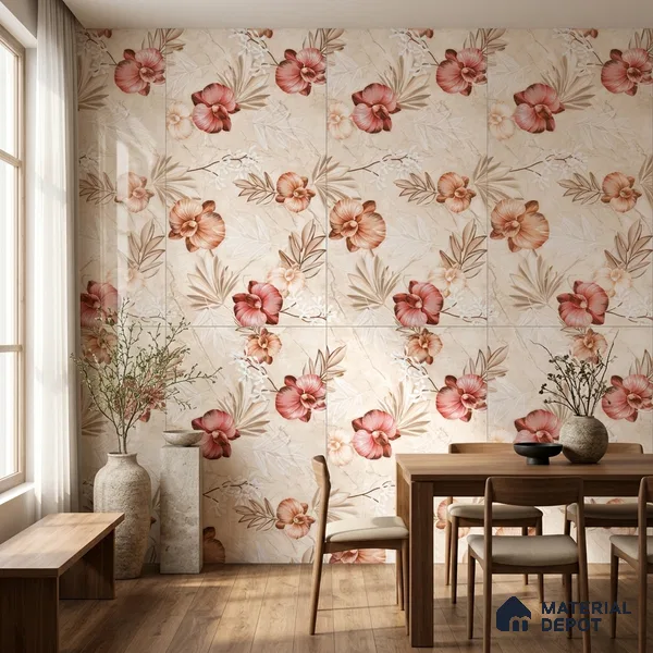 Floral Wall Tile TL 12464 B  4 ft x 2 ft Vitrified Glossy Finish Tile - 9 mm | Suitable for Bathroom, Accent/Feature Wall, Dining Area