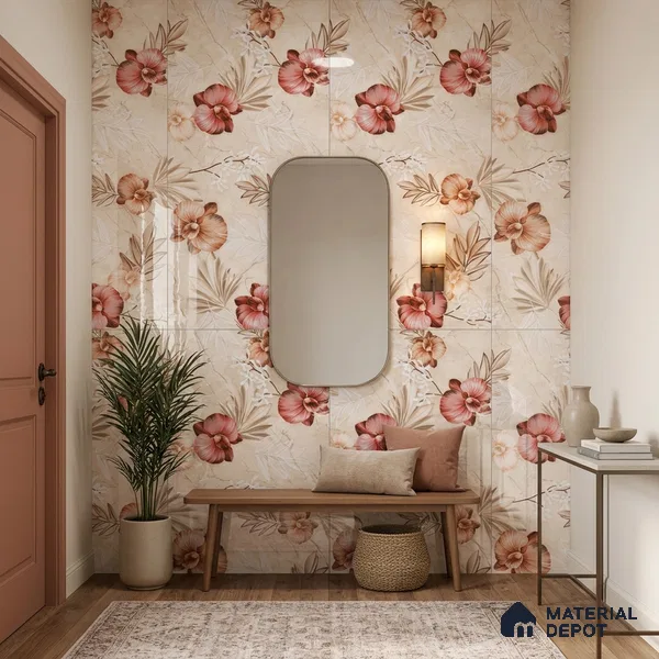 Floral Wall Tile TL 12464 B  4 ft x 2 ft Vitrified Glossy Finish Tile - 9 mm | Suitable for Bathroom, Accent/Feature Wall, Dining Area