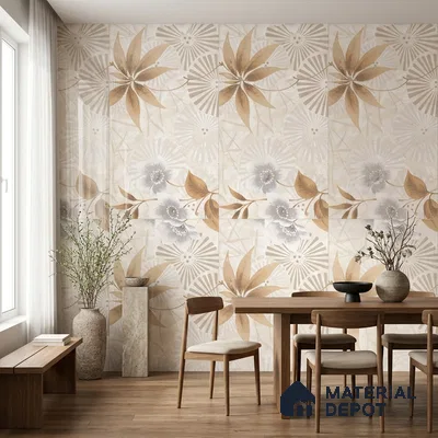 Floral Wall Tile TL 12296 Richardo Beige Decore 4 ft x 2 ft Pearl Carving Finish Vitrified Tile - 9 mm | 4 Random Designs | Suitable for Bathroom, Accent/Feature Wall, Dining Area
