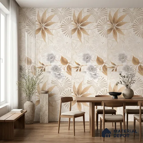 Floral Wall Tile TL 12296 Richardo Beige Decore 4 ft x 2 ft Pearl Carving Finish Vitrified Tile - 9 mm | 4 Random Designs | Suitable for Bathroom, Accent/Feature Wall, Dining Area