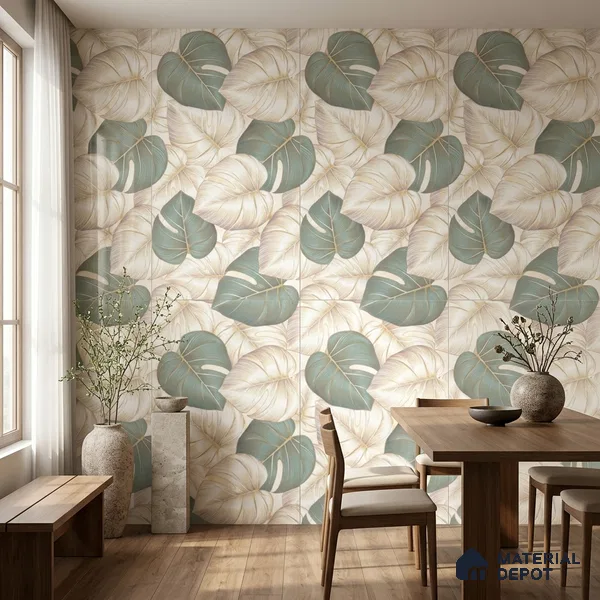 Tropical Wall Tile TL 11976 Verona Gold Leaf Decor 4 ft x 2 ft Glossy Finish Vitrified Tile - 9 mm | Suitable for Bathroom, Accent/Feature Wall, Dining Area