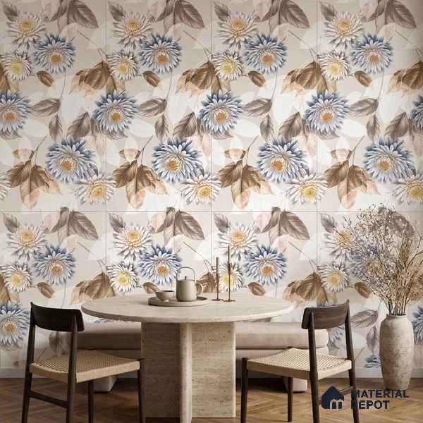 Floral Wall Tile TL 11972 B Roxy Bianco Decor 4 ft x 2 ft Granulla Finish Vitrified Tile - 9 mm | Suitable for Bathroom, Accent/Feature Wall, Foyer