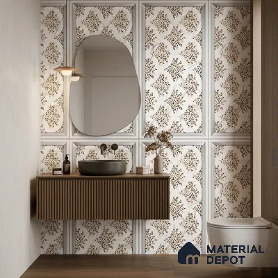 Floral Wall Tile TL 12276 Elegant White Frame Decore 4 ft x 2 ft Sugar + (Glossy Granula/Glue) Finish Vitrified Tile - 9 mm | Suitable for Bathroom, Accent/Feature Wall, Dining Area