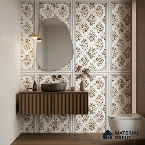 Floral Wall Tile TL 12276 Elegant White Frame Decore 4 ft x 2 ft Sugar + (Glossy Granula/Glue) Finish Vitrified Tile - 9 mm | Suitable for Bathroom, Accent/Feature Wall, Dining Area