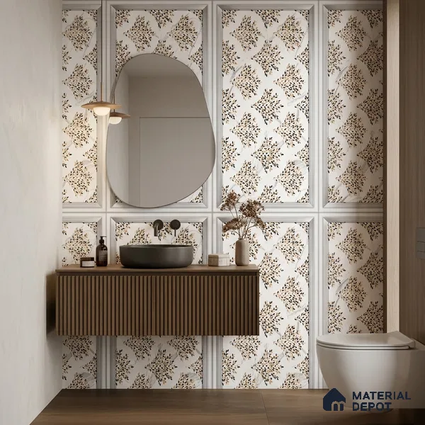 Floral Wall Tile TL 12276 Elegant White Frame Decore 4 ft x 2 ft Sugar + (Glossy Granula/Glue) Finish Vitrified Tile - 9 mm | Suitable for Bathroom, Accent/Feature Wall, Dining Area