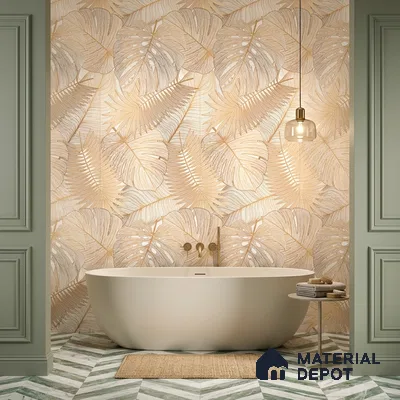 Tropical Wall Tile TL 12267 B Dunescape Decore Leaflet 4 ft x 2 ft Matte + (Glossy Granula/Glue) Finish Vitrified Tile - 9 mm | Suitable for Bathroom, Accent/Feature Wall, Foyer