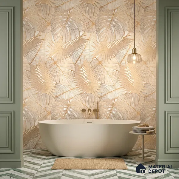 Tropical Wall Tile TL 12267 B Dunescape Decore Leaflet 4 ft x 2 ft Matte + (Glossy Granula/Glue) Finish Vitrified Tile - 9 mm | Suitable for Bathroom, Accent/Feature Wall, Foyer