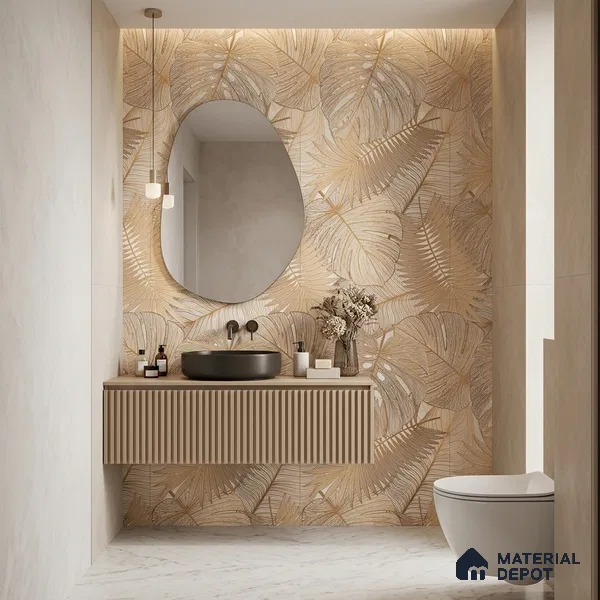 Tropical Wall Tile TL 12267 B Dunescape Decore Leaflet 4 ft x 2 ft Matte + (Glossy Granula/Glue) Finish Vitrified Tile - 9 mm | Suitable for Bathroom, Accent/Feature Wall, Foyer