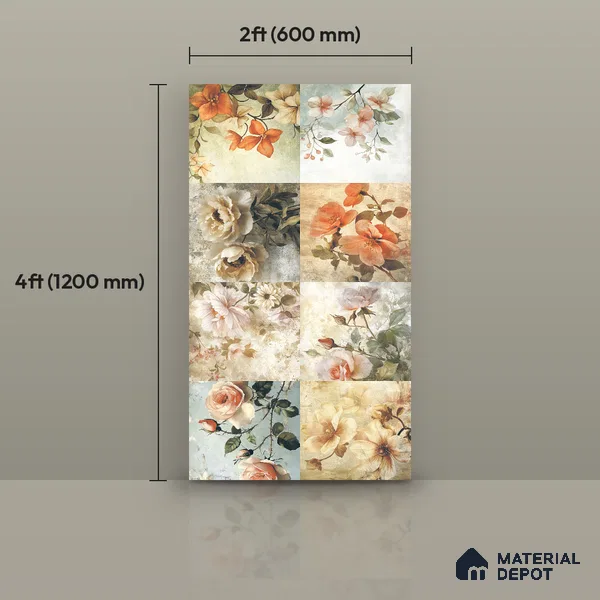 Floral Wall Tile TL 12268 Floral Decore 4 ft x 2 ft Glue Matte Finish Vitrified Tile - 9 mm | 2 Random Designs | Suitable for Bathroom, Accent/Feature Wall, Bedroom