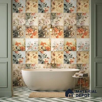 Floral Wall Tile TL 12268 Floral Decore 4 ft x 2 ft Glue Matte Finish Vitrified Tile - 9 mm | 2 Random Designs | Suitable for Bathroom, Accent/Feature Wall, Bedroom