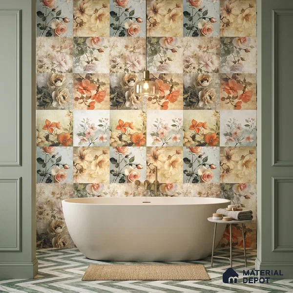 Floral Wall Tile TL 12268 Floral Decore 4 ft x 2 ft Glue Matte Finish Vitrified Tile - 9 mm | 2 Random Designs | Suitable for Bathroom, Accent/Feature Wall, Bedroom