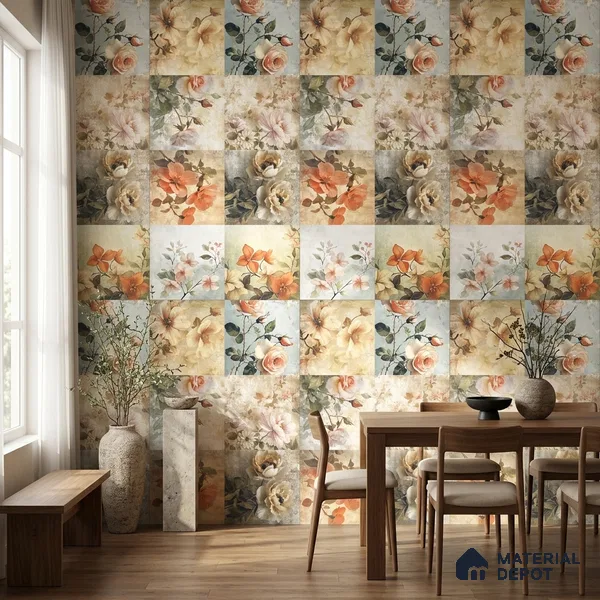 Floral Wall Tile TL 12268 Floral Decore 4 ft x 2 ft Glue Matte Finish Vitrified Tile - 9 mm | 2 Random Designs | Suitable for Bathroom, Accent/Feature Wall, Bedroom