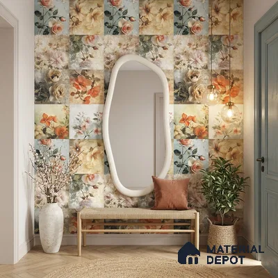 Floral Wall Tile TL 12268 Floral Decore 4 ft x 2 ft Glue Matte Finish Vitrified Tile - 9 mm | 2 Random Designs | Suitable for Bathroom, Accent/Feature Wall, Bedroom