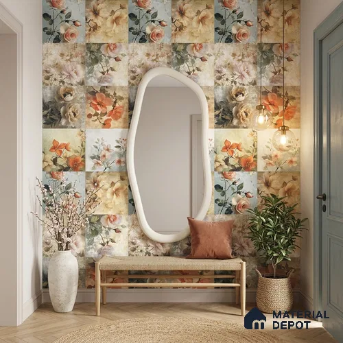 Floral Wall Tile TL 12268 Floral Decore 4 ft x 2 ft Matte + (Glossy Granula/Glue) Finish Vitrified Tile - 9 mm | 2 Random Designs | Suitable for Bathroom, Accent/Feature Wall, Bedroom